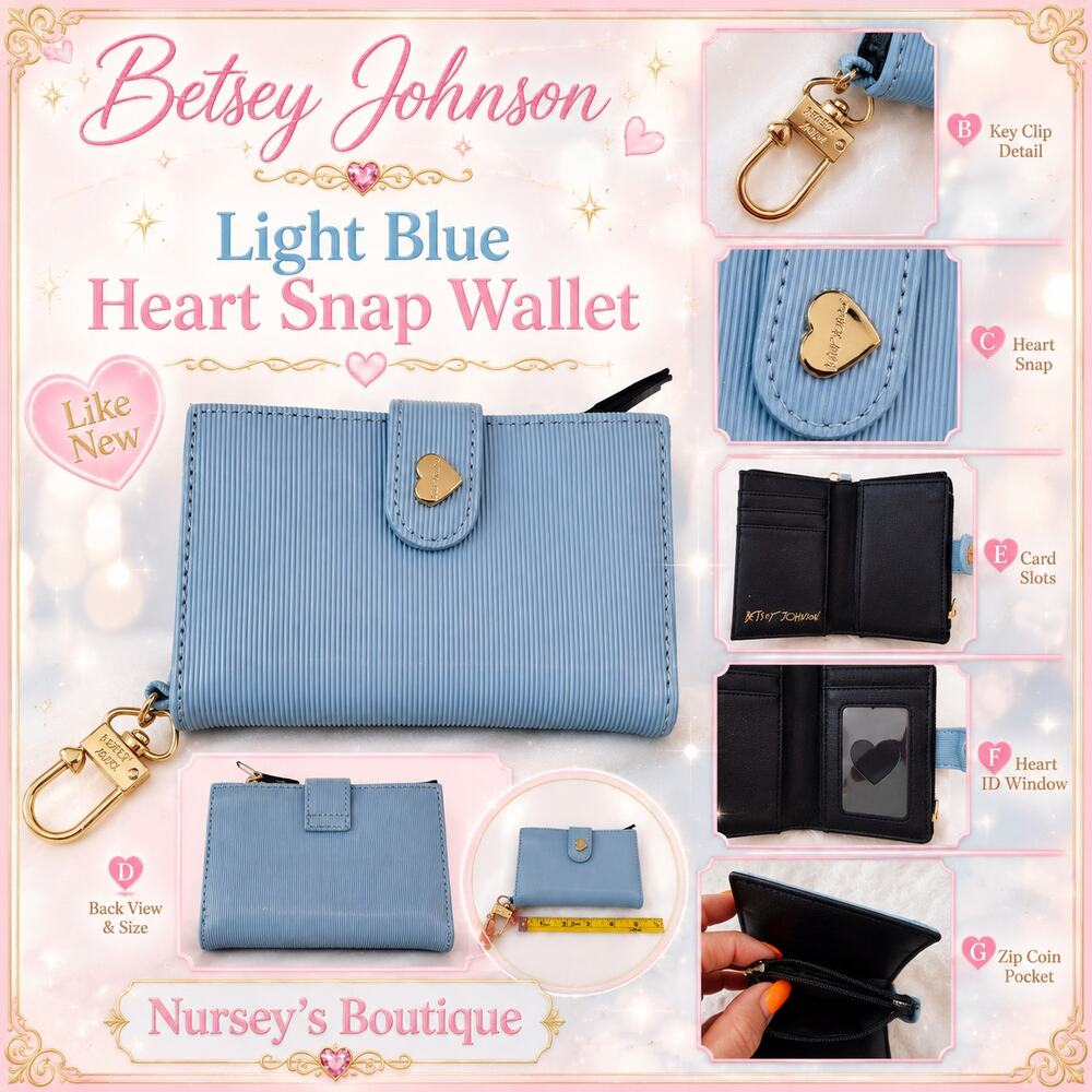Betsey Johnson Light Blue Heart Snap Bifold Wallet Key Clip